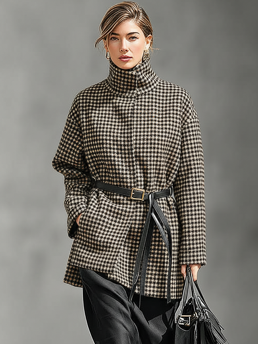 Abrigo para mujer de mezcla de lana con estampado de espiga, cuello alto, cinturón y largo medio MDA1781J4Y