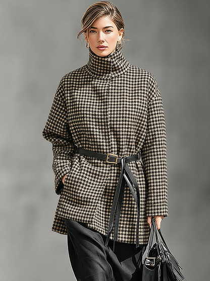 Abrigo para mujer de mezcla de lana con estampado de espiga, cuello alto, cinturón y largo medio MDA1781J4Y