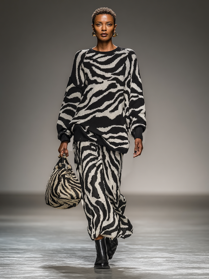 Conjunto de falda y suéter de punto suelto para mujer con patrón de cebra y cuello redondo MDA1492J0Y