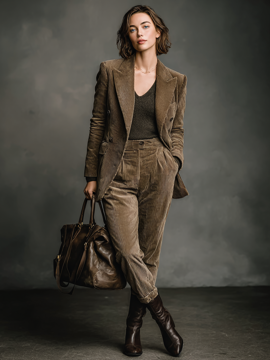 Conjunto de chaqueta de traje de mujer con cuello de pico de pana suelto y pantalones rectos MDA2715H4Y