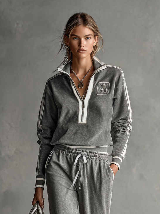 Conjunto de sudadera y pantalón de felpa con cremallera, cuello alto, bordado en tela de algodón mezclado para mujer MDA0782H9Y