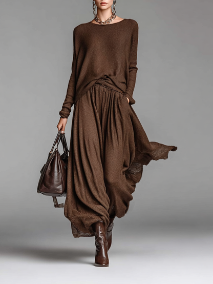 Conjunto de falda y suéter de punto con cuello redondo para mujer MDA0737H3Y