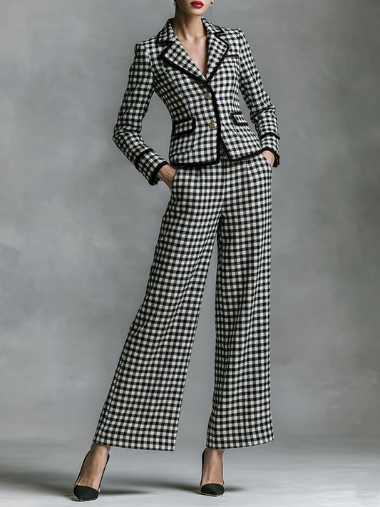 Conjunto de americana y pantalones de mezcla de lana a cuadros para mujer con borde negro MDA2249J8Y
