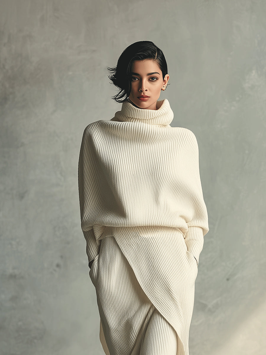 Conjunto de falda y cárdigan de mujer en punto elegante con cuello envolvente y vuelta MDA1348H3I