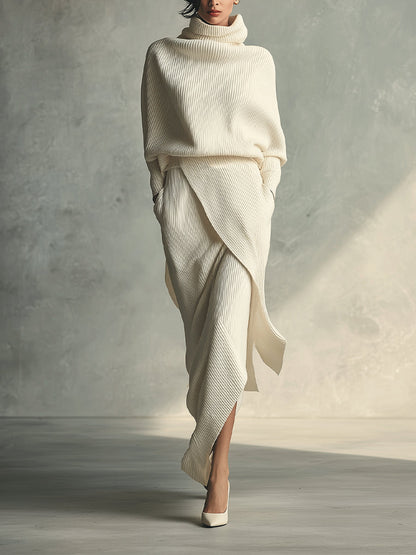 Conjunto de falda y cárdigan de mujer en punto elegante con cuello envolvente y vuelta MDA1348H3I