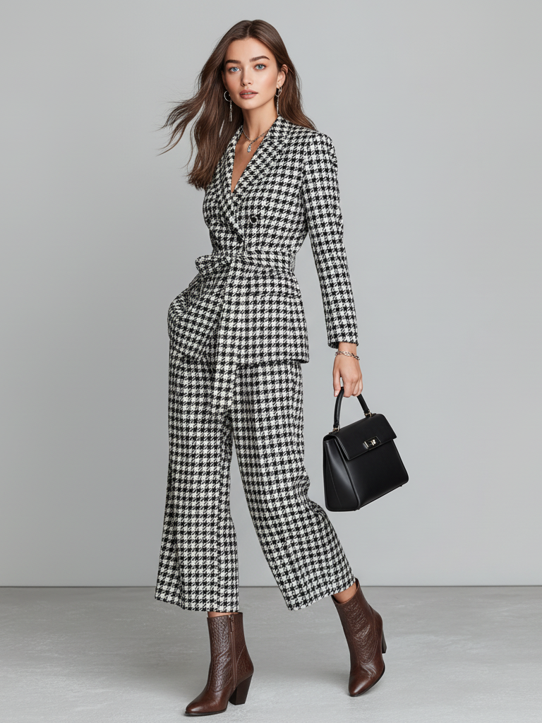 Conjunto de bléiser con estampado de pata de gallo para mujer con cinturón y pantalones cropped MDA1515J3Y