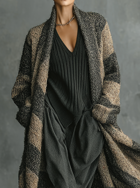 Cardigan Largo Retro de Mujeres con Rayas y Bloques de Color Suelto MDA2685H3Y