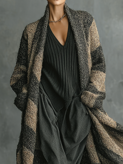 Cardigan Largo Retro de Mujeres con Rayas y Bloques de Color Suelto MDA2685H3Y