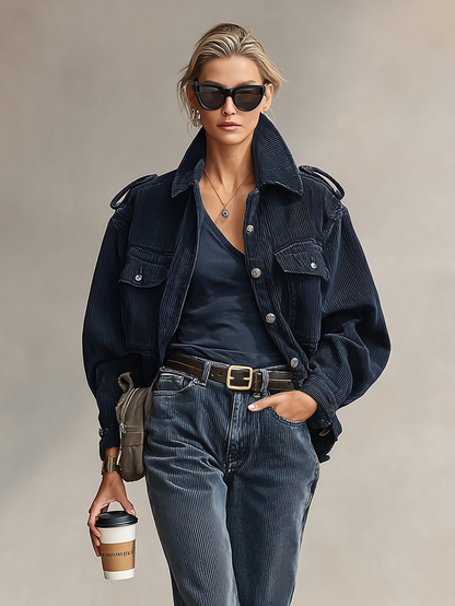 Chaqueta de mujer de pana suelta de un solo botonadura con anillas epaulette MDA2877I7Y