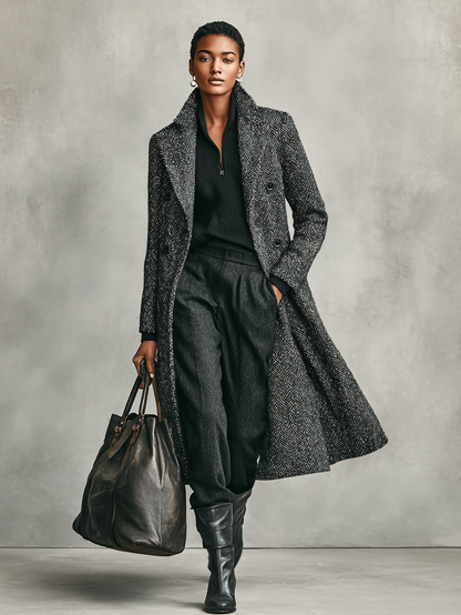 Abrigo largo de doble botonadura para mujer con cuadro de espina de pescado minimalista de mezcla de lana MDA1875I1Y