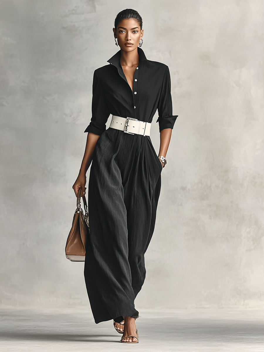 Raquel| Mono de mujer de solapa de una sola manga larga con cinturón