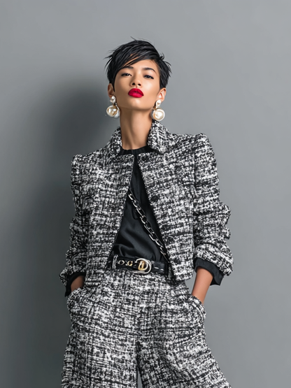 Conjunto de chaqueta corta de mezcla de tweed de mujer con solo botón y pantalones de pierna ancha MDA2589H6Y