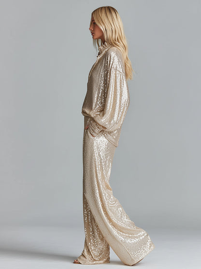 Conjunto de moda para mujer en oro brillante con cuello de lentejuelas, media cremallera, pantalones anchos y cómodos para fiesta MDA2425I0I