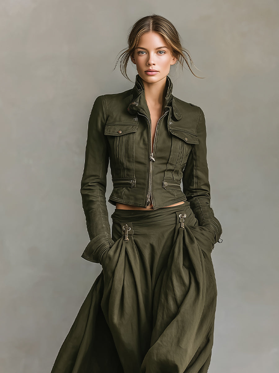 Conjunto de chaqueta corta y falda maxi de mujer con cremallera en verde audaz 100% algodón MDA1819I7I