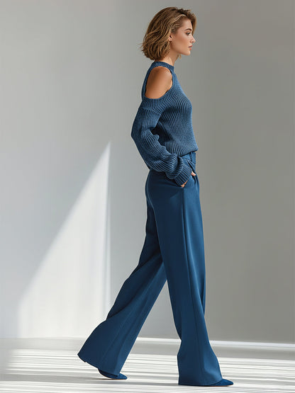 Conjunto de Suéter con Cuello Deportivo y Pantalones de Pierna Ancha para Mujer en Azul Elegante de Punto Ribeteado